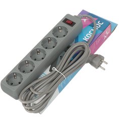 Сетевой фильтр 5 гнезд, 5 м, ПВС, 3 х 0.75, с заземлением, 10 А, серый, Космос, FKsm5m-5g(G)