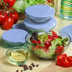 Салатник стекло, круглый, 5 шт, 9 см, 10.3 см, 12.5 см, 14 см, 17 см см, с крышкой, Daniks, голубой