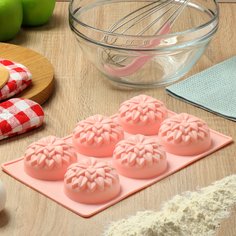 Форма для выпечки силикон, 29.5х17.5 см, прямоугольная, 6 кексов, розовая, Daniks, Хризантемы Savory, Y4-4972