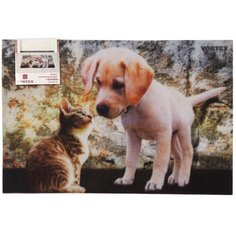 Коврик придверный, 40х60 см, прямоугольный, резина, с ковролином, Котенок и щенок, Samba, 24215