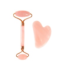Набор из розового кварца. Роллер-массажер + скребок "Сердце" для массажа Гуаша Hanai