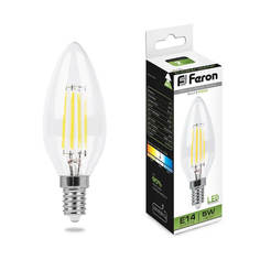 Лампочка Лампа светодиодная филаментная Feron E14 5W 4000K Свеча Прозрачная LB-58 25573