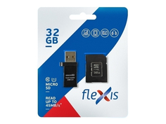 Карта памяти 32Gb - Flexis Micro Secure Digital HC Cl10 U1 FX32GMSDHCU1 c адаптером и USB картридером