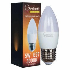 Лампа светодиодная E27, 5 Вт, свеча, 3000 К, свет теплый, Gerhort, Лампа