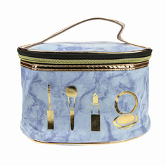 Косметичка-чемоданчик мраморная с золотом, голубая Lukky
