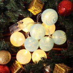 Н.г Эл. Гирлянда 10 ламп Шары 2м прозрачный провод, цвет белый тепл, на батар. LED N.N