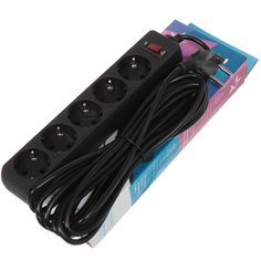 Сетевой фильтр 5 гнезд, 1.8 м, ПВС, 3 х 0.75, с заземлением, 10 А, черный, Космос, FKsm1.8m-5g(B)