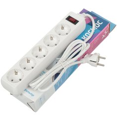 Сетевой фильтр 5 гнезд, 3 м, ПВС, 3 х 0.75, с заземлением, 10 А, белый, Космос, FKsm3m-5g(W)