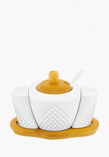 Набор для сервировки специй Elan Gallery сахарница 300 мл 16х10х11 см Ромбики с ложкой, с солонкой и перечницей на деревянной подставке