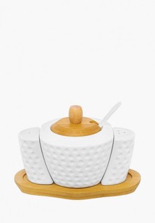 Набор для сервировки специй Elan Gallery сахарница 300 мл 16х10х11 см Сфера с ложкой, с солонкой и перечницей на деревянной подставке