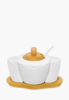 Набор для сервировки специй Elan Gallery сахарница 300 мл 16х10х11 см Кружево с ложкой, с солонкой и перечницей на деревянной подставке