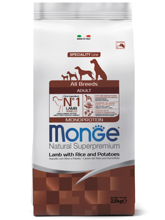 Корм сухой Monge Dog Monoprotein для собак всех пород ягненок с рисом и картофелем 2,5 кг