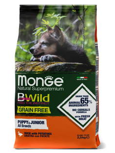 Корм сухой Monge Dog BWild GRAIN FREE беззерновой из мяса утки с картофелем для щенков всех пород 2,5 кг
