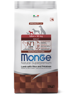 Корм сухой Monge Dog Monoprotein Mini для взрослых собак мелких пород ягненок с рисом и картофелем 2,5 кг