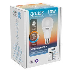 Умные лампочки лампа GAUSS Smart Home 10Вт E27 LED 1055Лм 2700/6500К A60 шар диммиров