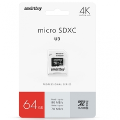 Карта памяти micro SDXC 64Gb SmartBuy Pro UHS-I U3 + ADP (90/70 Mb/s)