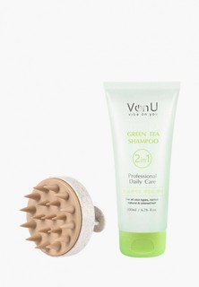 Набор для ухода за волосами Von U Очищение и уход за натуральными и окрашенными волосами / Массажная щетка для головы и шампунь для волос с зеленым чаем / Green Tea Shampoo & Brush Set, 200 мл