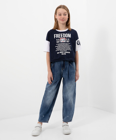 Джинсы силуэта Mom-fit с потертостями, заминами и повреждениями синие Gulliver