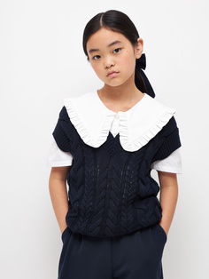 Хлопковый жилет вязкой косами для девочек (синий, 122) Sela