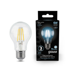 Лампа Gauss LED Filament A60 E27 6W 630lm 4100К 1/10/40