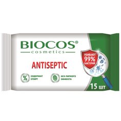 Салфетки влажные Biocos, антисептические со спиртом, 15 шт, 405209