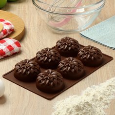 Форма для выпечки силикон, 29.5х17.5 см, прямоугольная, 6 кексов, шоколад, Daniks, Хризантемы Savory, Y4-4971