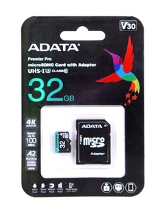 Карта памяти 32Gb - A-Data Premier Pro - Micro Secure Digital HC Class 10 UHS-I U3 V30S AUSDH32GUI3V30SA2-RA1 с переходником под SD