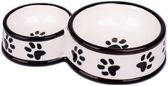 КерамикАрт миска для собак двойная 100 мл и 220 мл, белая с лапками