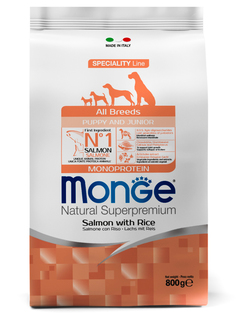 Корм сухой Monge Dog Monoprotein Puppy&Junior для щенков всех пород лосось с рисом 800г
