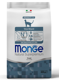 Корм сухой Monge Cat Monoprotein Sterilised Trout для стерилизованных кошек с форелью 400г