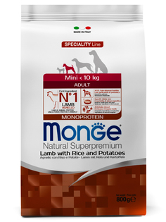 Корм сухой Monge Dog Monoprotein Mini для взрослых собак мелких пород ягненок с рисом и картофелем 800г