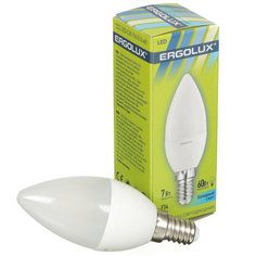 Лампа светодиодная E14, 7 Вт, 60 Вт, свеча, 4500 К, свет холодный белый, Ergolux