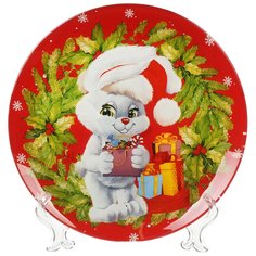 Тарелка обеденная, стекло, 23 см, круглая, Кролик с подарками, Daniks