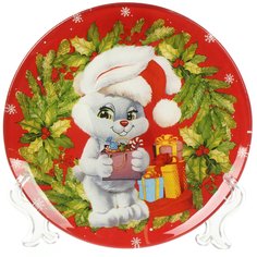 Тарелка десертная, стекло, 18 см, круглая, Кролик с подарками, Daniks