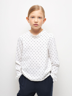 Трикотажная блузка в горошек с воротником-стойкой для девочек (белый, 134) Sela