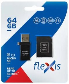 Карта памяти 64GB Flexis FX64GMSDXCU1 Class10 U1, c адаптером, USB картридером, чёрная