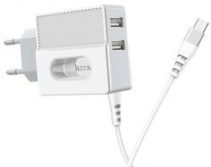 Зарядное устройство сетевое Hoco C75 Imperious УТ000023689 2*USB, 2.4A, подсветка, встроенный кабель Micro-USB, белое