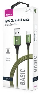 Кабель OLMIO BASIC, USB 2.0 - Type-C, 1.2м, 2.1A, тканевая оплетка, зеленый