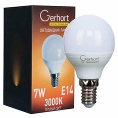 Лампа светодиодная E14, 7 Вт, шар, 3000 К, свет теплый, Gerhort, Лампа