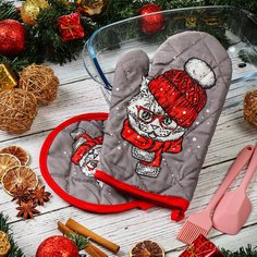 Набор кухонный 2 шт, 26х18 + 18х18см (варежка, прихватка), С новым годом Новогодний котик интеллектуал