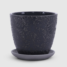 Керамический горшок с поддоном Композит Маджента чёрный с серым 12 см