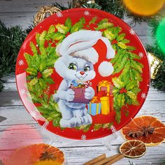 Тарелка десертная, стекло, 18 см, круглая, Кролик с подарками, Daniks