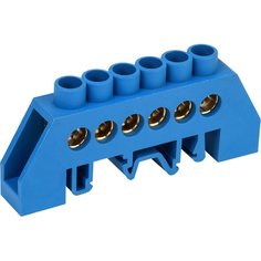 Шина нулевая N, соединительный, изолирующая, соединительная, 6 отверстий, латунь, полимер, синяя, DIN-изолятор, 8х12 мм, 25 мм², Rexant, 11-2312