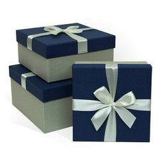 Коробка подарочная с бантом тиснение Рогожка, 210x170x110 мм, синий-серый РутаУпак