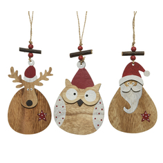 Игрушки елочные одиночные подвеска Дед Мороз/Олень/Сова 16см дерево в асс-те Kaemingk