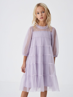 Ярусное платье в горошек для девочек (сиреневый, 152) Sela