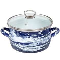 Кастрюля эмалированная сталь, 4 л, с крышкой, крышка стекло, Сантэкс, Шейк сине-белый, 1-2440111, индукция САНТЕКС