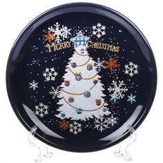 Тарелка обеденная, доломит, 21 см, круглая, Зимняя сказка, Daniks, синяя