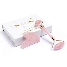 LICHI Массажер для лица, ролик и скребок Гуаша из натурального розового кварца в подарочной упаковке