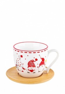 Кружка Elan Gallery 220 мл Весёлые гномики, с деревянной подставкой